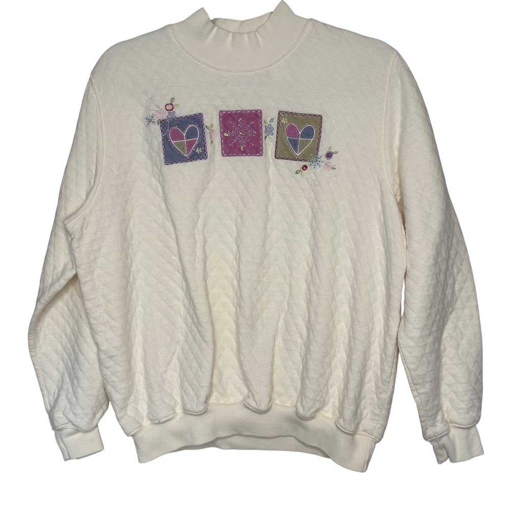 Vtg 90s Alfred Dunner Quilted Sweatshirt Cream Embroidered Heart Cottagecore S